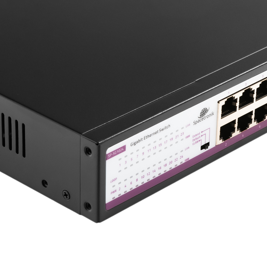 Switch Ethernet, Spacetronik switch, 24 portowy switch, Gigabit switch, switch do biura, switch do domu, szybki switch, sieciowy przełącznik, przełącznik Ethernet, 10/100/1000M switch, VLAN switch, Plug&Play switch, wytrzymały switch, metalowa obudowa switcha, switch z automatyczną negocjacją, przełącznik z LED wskaźnikami, przełącznik z certyfikatami CE, przełącznik z certyfikatami FCC, przełącznik z certyfikatami RoHS, switch z funkcją Loop alarm, inteligentny switch, switch sieciowy, switch z