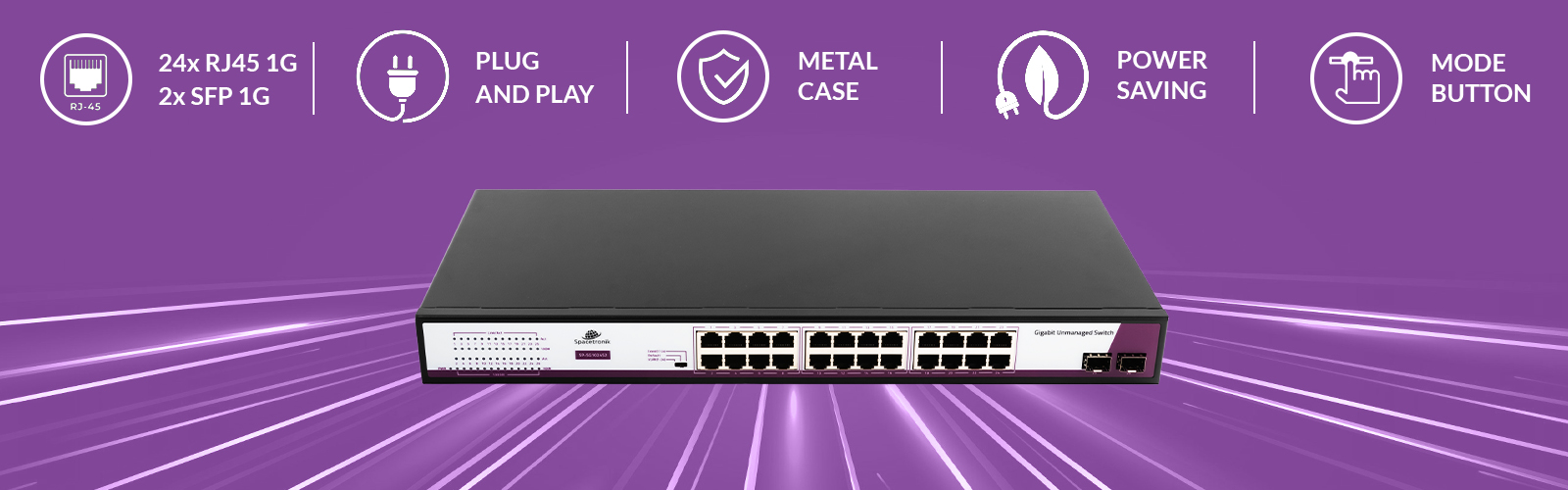 Switch Ethernet, Spacetronik switch, 26 portowy switch, Gigabit switch, switch do biura, switch do domu, szybki switch, sieciowy przełącznik, przełącznik Ethernet, 10/100/1000M switch, VLAN switch, Plug&Play switch, wytrzymały switch, metalowa obudowa switcha, switch z automatyczną negocjacją, przełącznik z LED wskaźnikami, przełącznik z certyfikatami CE, przełącznik z certyfikatami FCC, przełącznik z certyfikatami RoHS, switch z funkcją Loop alarm, inteligentny switch, switch sieciowy, switch z