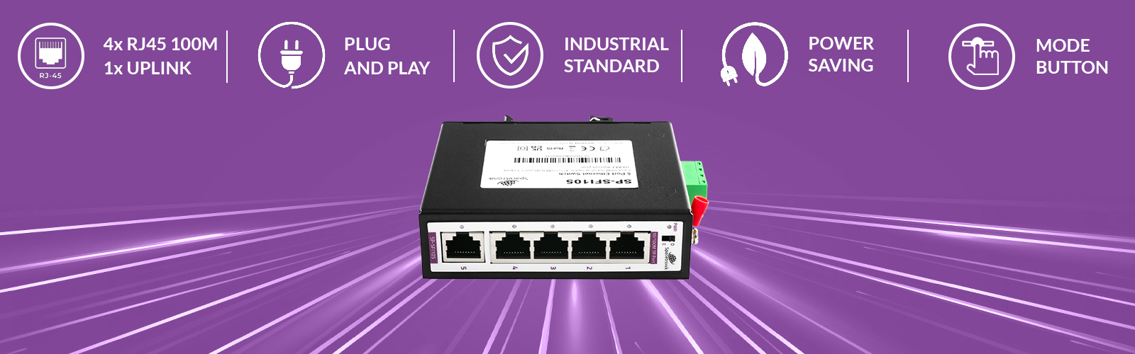 Switch Ethernet, Spacetronik switch, 5 portowy switch, Gigabit switch, switch do przemysłowych zastosowań, szybki switch, sieciowy przełącznik, przełącznik Ethernet, 10/100M switch, VLAN switch, Plug&Play switch, wytrzymały switch, metalowa obudowa switcha, switch z automatyczną negocjacją, przełącznik z LED wskaźnikami, przełącznik z certyfikatami CE, przełącznik z certyfikatami FCC, przełącznik z certyfikatami RoHS, switch z funkcją Loop alarm, inteligentny switch, switch sieciowy, switch z