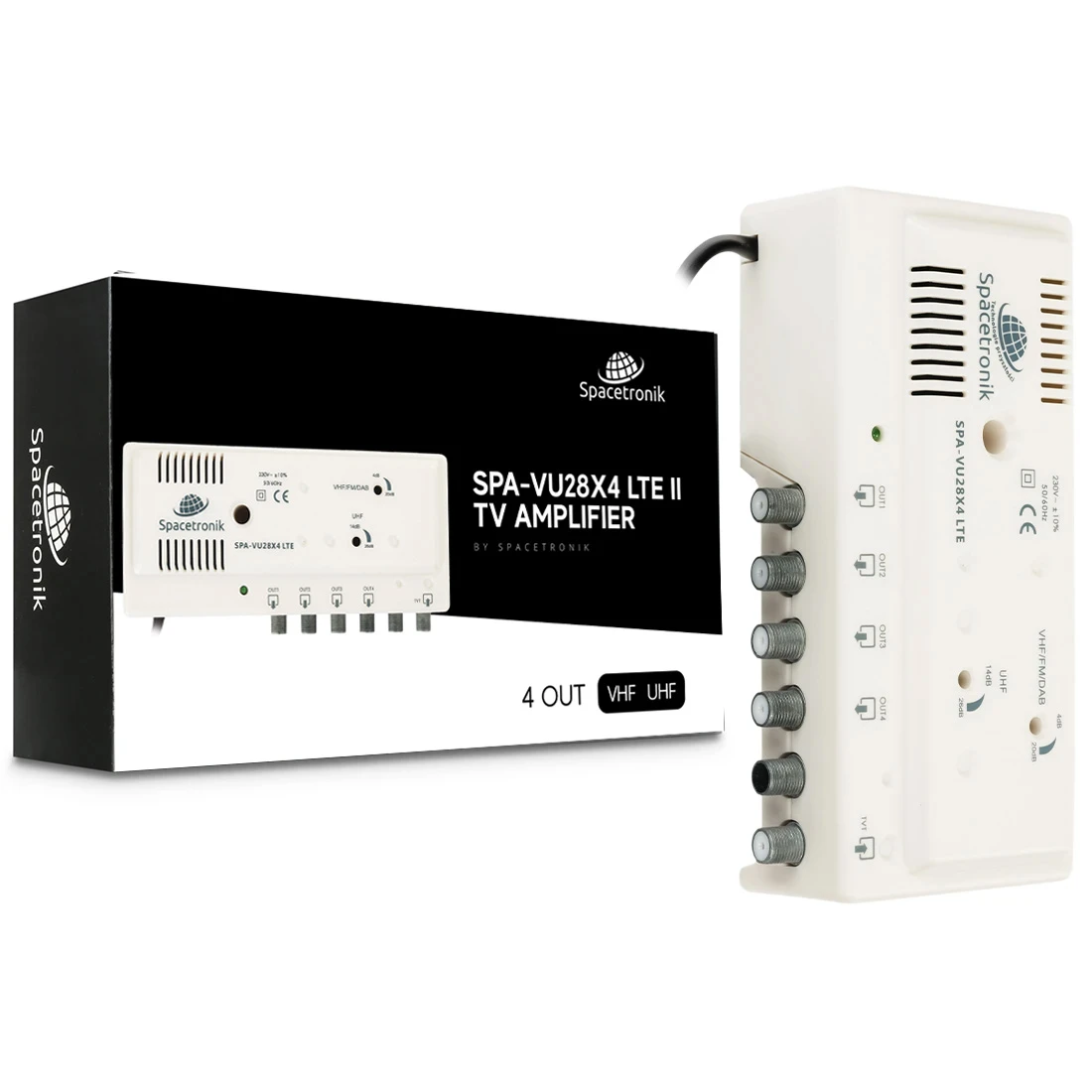 Domowy wzmacniacz telewizyjny z rozgałęźnikiem 4xOUT FM/DAB/VHF  UHF Spacetronik SPA-VU28X4 LTE