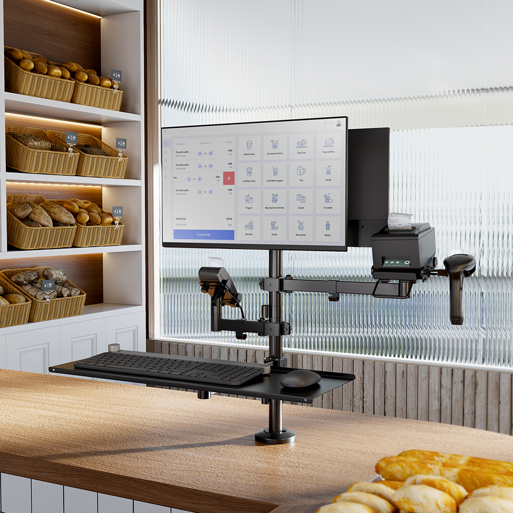 ozwiązanie montażowe POS, SPACETRONIK SPA124, podwójny ekran, tacka na klawiaturę, system POS, skanery, drukarki, zarządzanie kablami, profesjonalny wizerunek, poprawa efektywności, obsługa klienta, kompatybilność z urządzeniami, regulacja pozycji, nowoczesny design, uporządkowana przestrzeń robocza, wszechstronne zastosowanie, trwała konstrukcja, powłoka proszkowa, estetyka produktu, regulacja bez użycia narzędzi, normy VESA, wsparcie dla ekranów, montaż grommet, zwiększenie zadowolenia klientów, łatwa integracja.