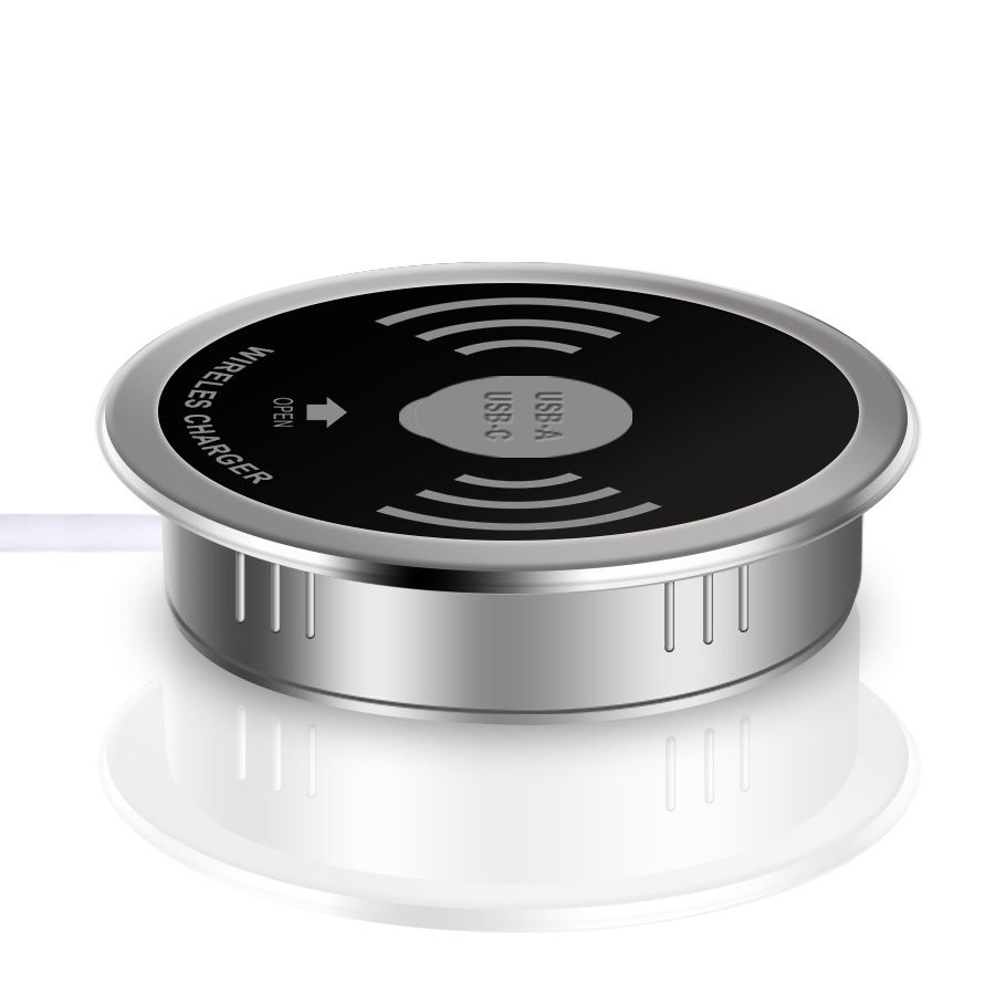Bezprzewodowa ładowarka indukcyjna Spacetronik SPM-04 montowana w blat stołu z szybkim ładowaniem 15W, wodoodporna, idealna do biura i domu, elegancka ładowarka do telefonu z funkcją ładowania indukcyjnego i portami USB-A i USB-C.