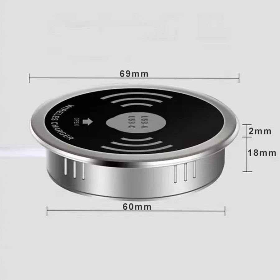 Bezprzewodowa ładowarka indukcyjna Spacetronik SPM-04 montowana w blat stołu z szybkim ładowaniem 15W, wodoodporna, idealna do biura i domu, elegancka ładowarka do telefonu z funkcją ładowania indukcyjnego i portami USB-A i USB-C.