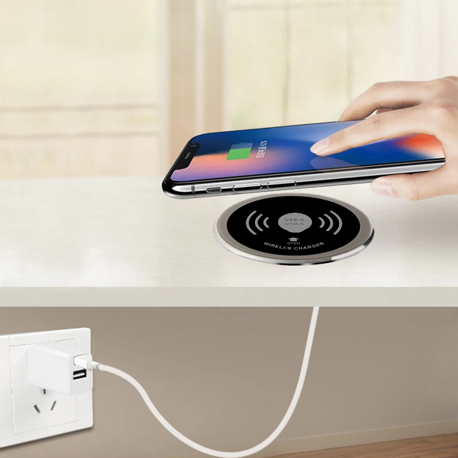 Bezprzewodowa ładowarka indukcyjna Spacetronik SPM-04 montowana w blat stołu z szybkim ładowaniem 15W, wodoodporna, idealna do biura i domu, elegancka ładowarka do telefonu z funkcją ładowania indukcyjnego i portami USB-A i USB-C.