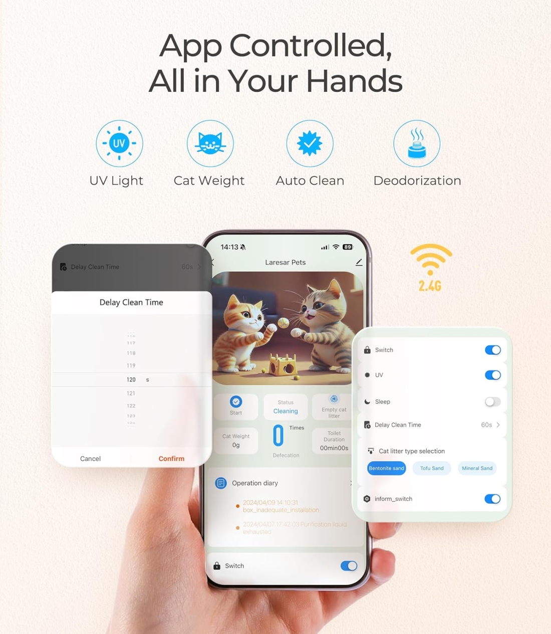 Inteligentna kuweta, najlepsza samoczyszcząca kuweta, samosprzatająca kuweta, kuweta z aplikacją, obsługa przez smartfon, WiFi, 35db, jaką kuwetę kupić, kuweta na smartfon, laresar