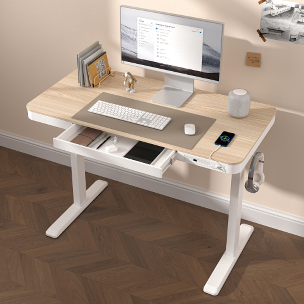 eleganckie biurko z elektryczną regulacją wysokości, biurko Spacetronik Astrid SPE-B136WD, biurko z podblatową ładowarką indukcyjną, biurko do biura z elektryczną regulacją, biurko z funkcją ładowania bezprzewodowego, nowoczesne biurko z regulacją wysokości, biurko z wbudowaną ładowarką Qi, biurko z elektrycznym napędem, biurko ergonomiczne do pracy, biurko z automatyczną regulacją