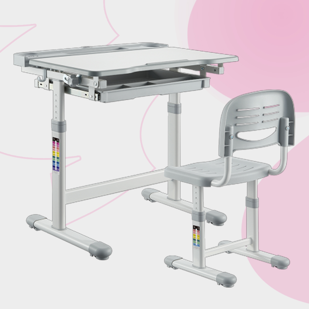 regulowane biurko dla dzieci, biurko z regulacją wysokości, ergonomiczne biurko dziecięce, zestaw biurko i krzesło dla dziecka, biurko szkolne z szufladą, biurko do nauki dla ucznia, biurko dziecięce z podstawką na łokcie, biurko z regulacją kąta blatu, nowoczesne biurko dziecięce