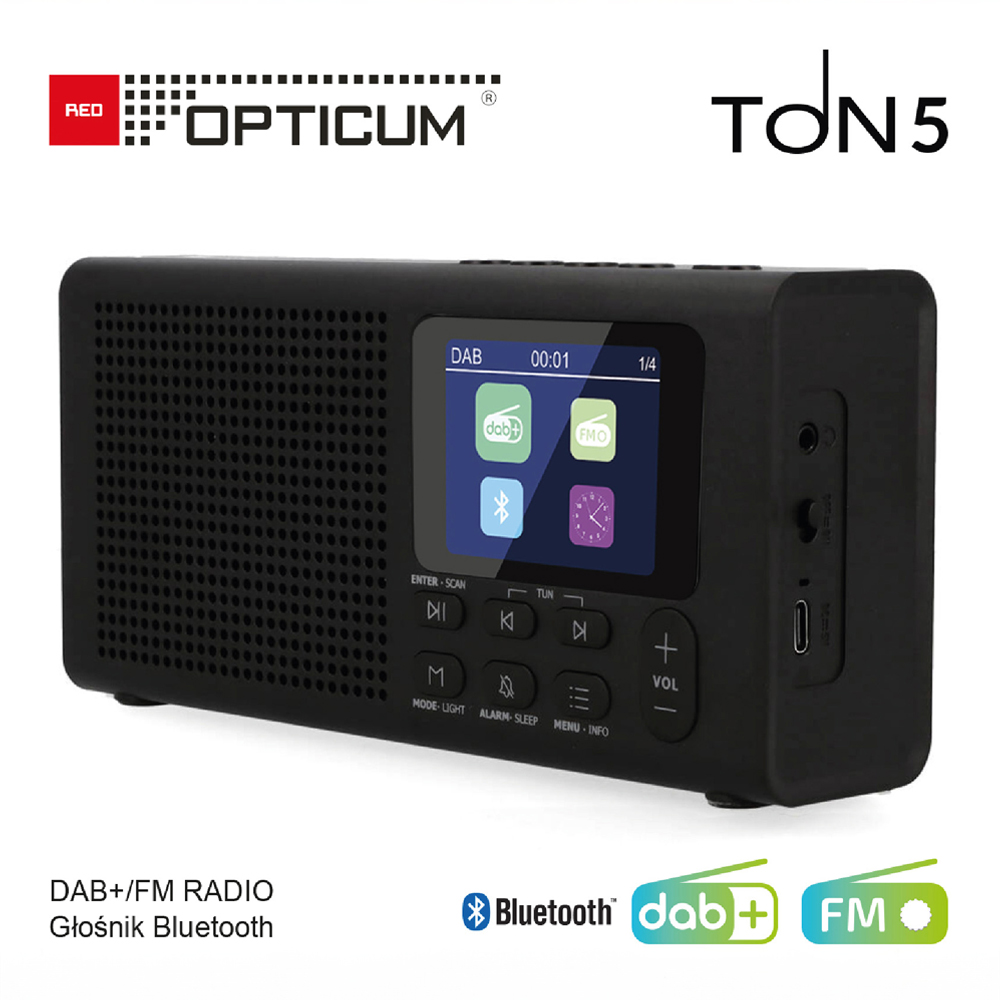 Radio DAB+/FM, Głośnik Bluetooth 5.3, Radio przenośne LCD, Radio Opticum Ton 5, Kompaktowe radio z Bluetooth, Radio cyfrowe z wyświetlaczem, Radio do kuchni i podróży, Radio na baterie i akumulator, Radio z funkcją ulubionych, Radio przenośne białe