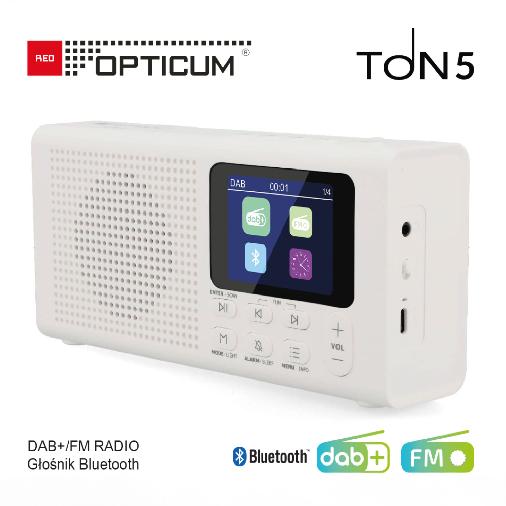Radio DAB+/FM, Głośnik Bluetooth 5.3, Radio przenośne LCD, Radio Opticum Ton 5, Kompaktowe radio z Bluetooth, Radio cyfrowe z wyświetlaczem, Radio do kuchni i podróży, Radio na baterie i akumulator, Radio z funkcją ulubionych, Radio przenośne białe