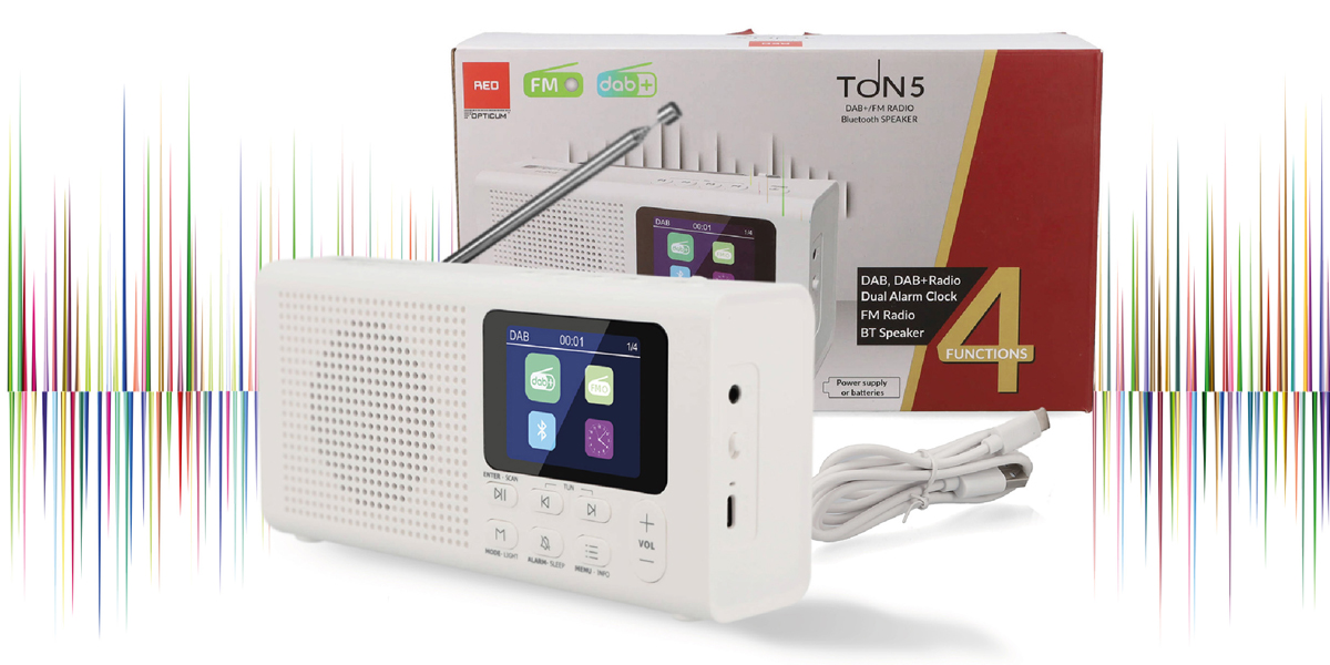 Radio DAB+/FM, Głośnik Bluetooth 5.3, Radio przenośne LCD, Radio Opticum Ton 5, Kompaktowe radio z Bluetooth, Radio cyfrowe z wyświetlaczem, Radio do kuchni i podróży, Radio na baterie i akumulator, Radio z funkcją ulubionych, Radio przenośne białe