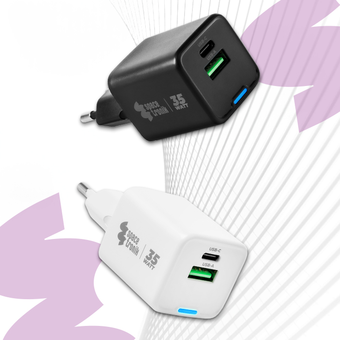 ładowarka 35W USB-C, szybka ładowarka USB-A, Power Delivery 3.0, ładowarka do laptopa, uniwersalna ładowarka Spacetronik, Quick Charge 3.6A, ładowarka z zabezpieczeniami, kompaktowa ładowarka podróżna