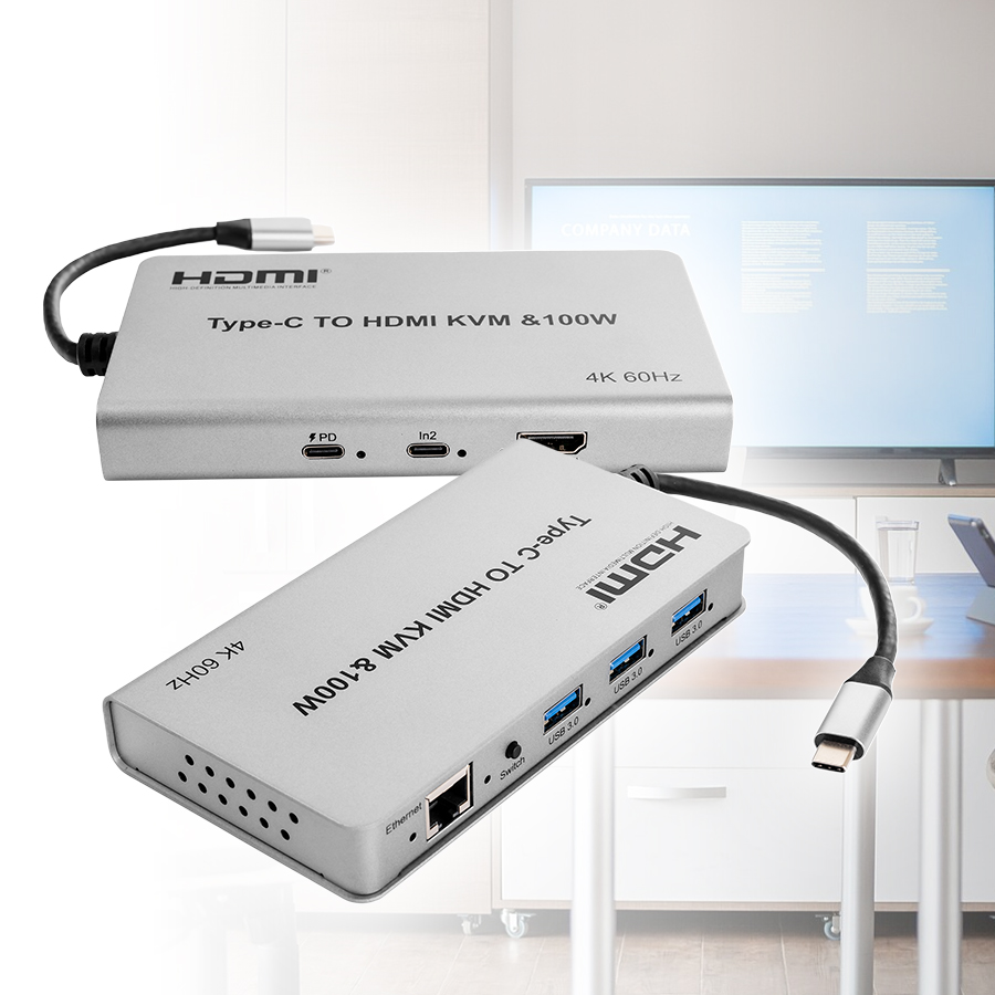 adapter USB-C HDMI 4K 60Hz, multiport USB-C z KVM, koncentrator USB-C z Ethernetem, ładowanie PD 100W, hub USB-C z portami USB 3.0, adapter USB-C do monitora 4K, przejściówka USB-C na HDMI, stacja dokująca USB-C